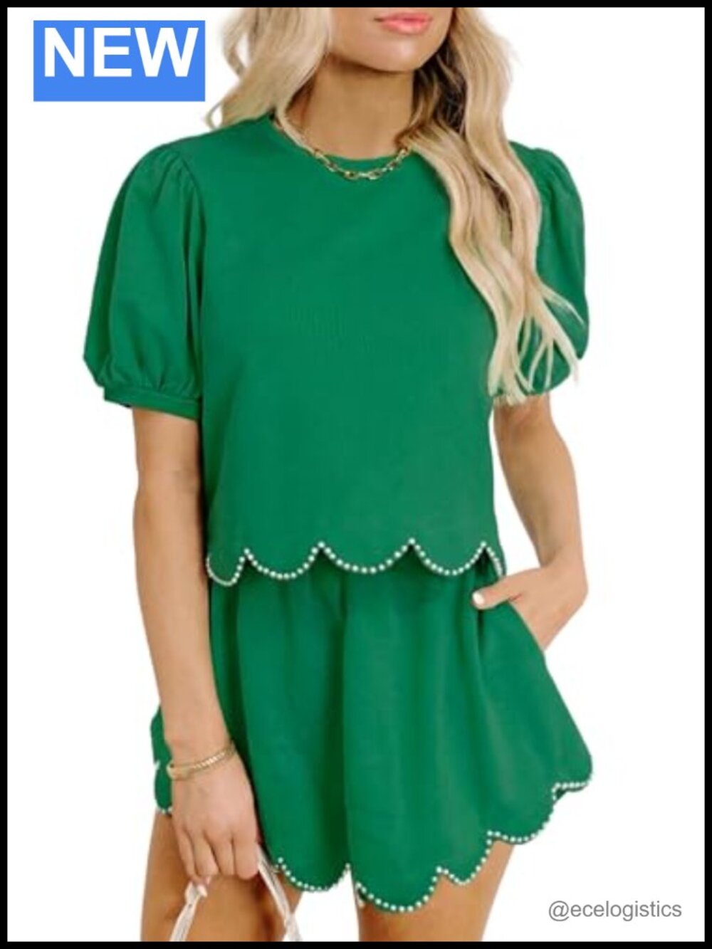 2 Piece Puff Sleeve Pearl Scallop Trim Summer Set Skort Crop Top